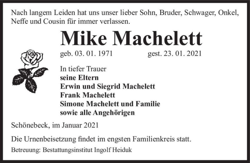  Traueranzeige für Mike Machelett  vom 30.01.2021 aus Magdeburger Volksstimme