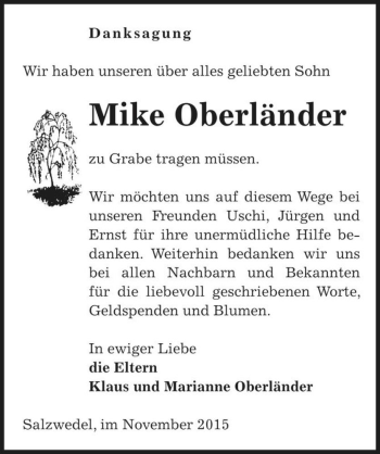 Traueranzeige von Mike Oberländer  von Magdeburger Volksstimme