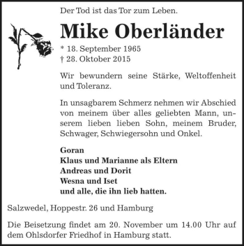 Traueranzeige von Mike Oberländer  von Magdeburger Volksstimme