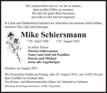 Traueranzeige von Mike Schiersmann  von Magdeburger Volksstimme