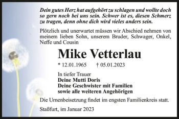 Traueranzeige von Mike Vetterlau  von Magdeburger Volksstimme