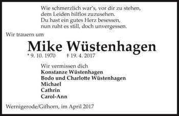 Traueranzeige von Mike Wüstenhagen  von Magdeburger Volksstimme