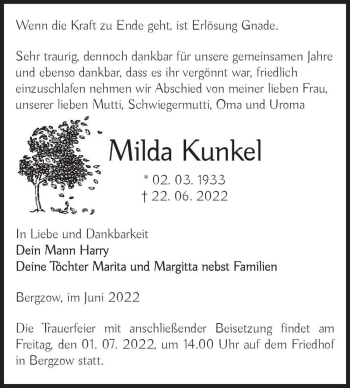Traueranzeige von Milda Kunkel  von Magdeburger Volksstimme