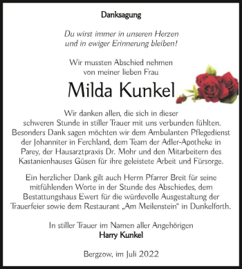 Traueranzeige von Milda Kunkel  von Magdeburger Volksstimme