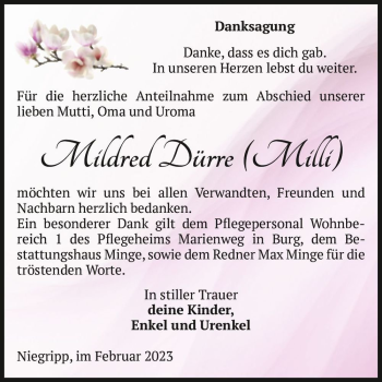 Traueranzeige von Mildred 