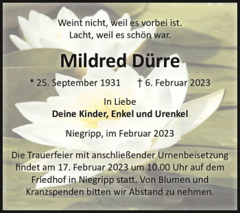 Traueranzeige von Mildred Dürre  von Magdeburger Volksstimme