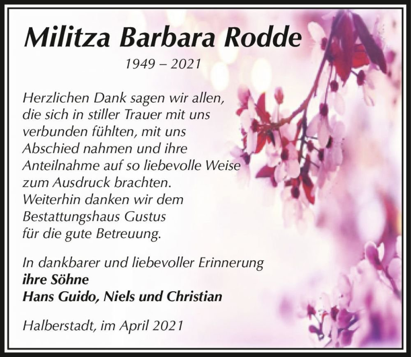  Traueranzeige für Militza Barbara Rodde  vom 30.04.2021 aus Magdeburger Volksstimme
