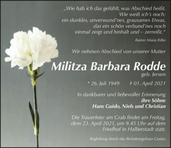 Traueranzeige von Militza Barbara Rodde (geb. Jerxen)  von Magdeburger Volksstimme