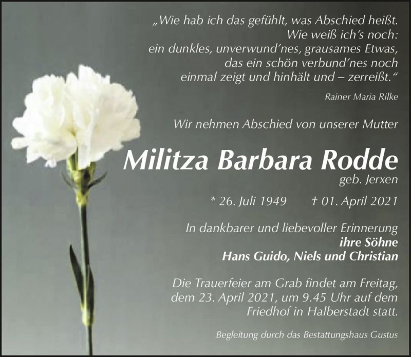  Traueranzeige für Militza Barbara Rodde (geb. Jerxen)  vom 10.04.2021 aus Magdeburger Volksstimme