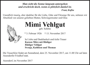 Traueranzeige von Mimi Vehlgut (geb. Schöne)  von Magdeburger Volksstimme