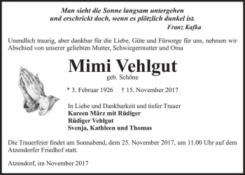 Traueranzeige von Mimi Vehlgut (geb. Schöne)  von Magdeburger Volksstimme
