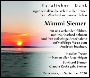 Traueranzeige von Mimmi Siemer  von Magdeburger Volksstimme