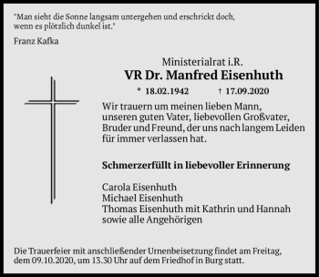 Traueranzeige von Ministerialrat i.R. VR Dr. Manfred Eisenhuth  von Magdeburger Volksstimme