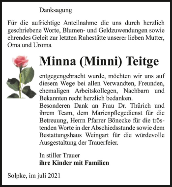 Traueranzeige von Minna (Minni) Teitge  von Magdeburger Volksstimme