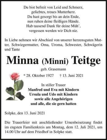 Traueranzeige von Minna 