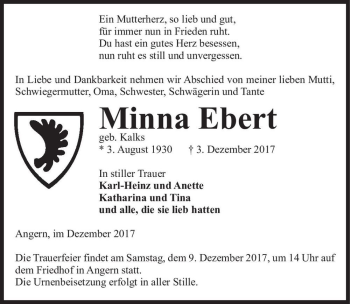 Traueranzeige von Minna Ebert (geb. Kalks)  von Magdeburger Volksstimme
