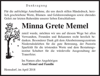Traueranzeige von Minna Grete Memel  von Magdeburger Volksstimme