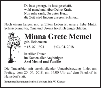 Traueranzeige von Minna Grete Memel (geb. Heinemann)  von Magdeburger Volksstimme