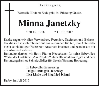 Traueranzeige von Minna Janetzky  von Magdeburger Volksstimme