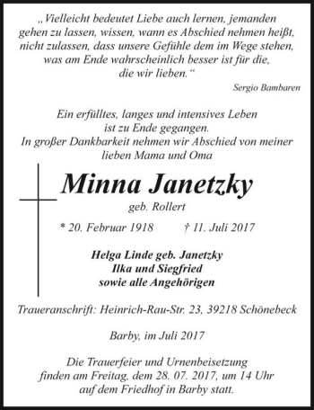 Traueranzeige von Minna Janetzky (geb. Rollert)  von Magdeburger Volksstimme