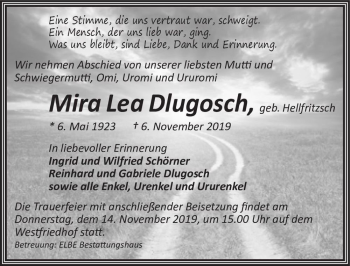 Traueranzeige von Mira Lea Dlugosch (geb. Hellfritsch)  von Magdeburger Volksstimme
