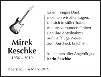 Traueranzeige von Mirek Reschke  von Magdeburger Volksstimme