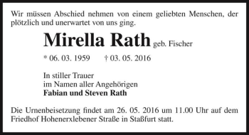 Traueranzeige von Mirella Rath (geb. Fischer)  von Magdeburger Volksstimme