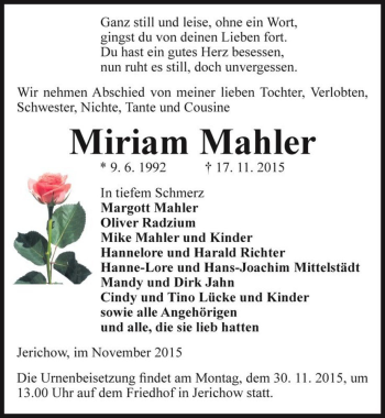 Traueranzeige von Miriam Mahler  von Magdeburger Volksstimme