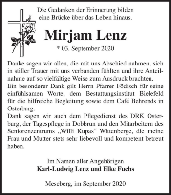 Traueranzeige von Mirjam Lenz  von Magdeburger Volksstimme