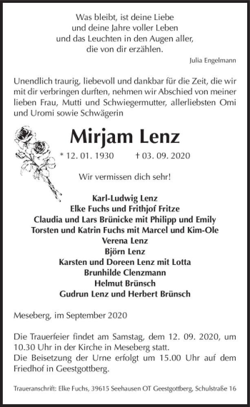 Traueranzeige von Mirjam Lenz  von Magdeburger Volksstimme