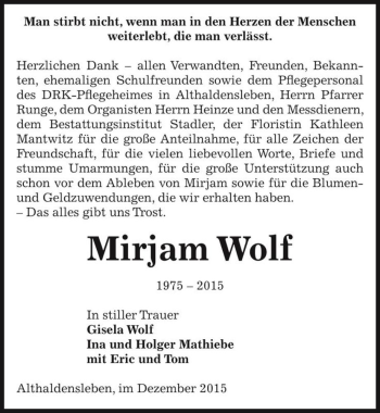 Traueranzeige von Mirjam Wolf  von Magdeburger Volksstimme
