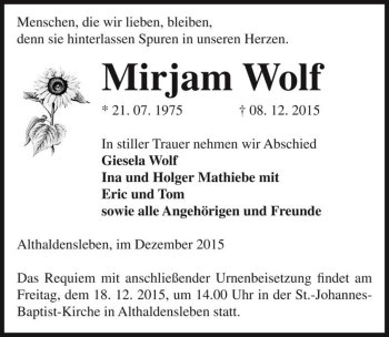 Traueranzeige von Mirjam Wolf  von Magdeburger Volksstimme