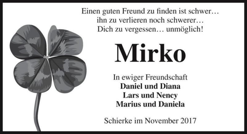  Traueranzeige für Mirko  vom 18.11.2017 aus Magdeburger Volksstimme