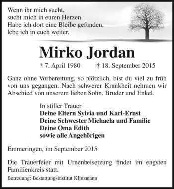 Traueranzeige von Mirko Jordan  von Magdeburger Volksstimme