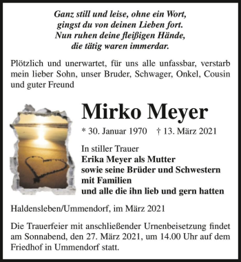 Traueranzeige von Mirko Meyer  von Magdeburger Volksstimme