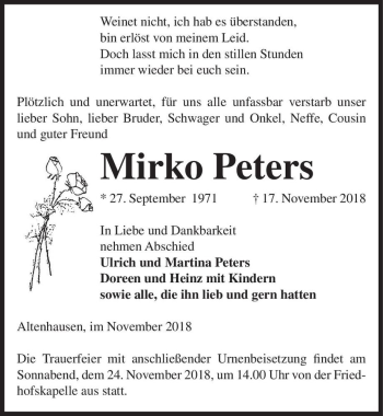 Traueranzeige von Mirko Peters  von Magdeburger Volksstimme