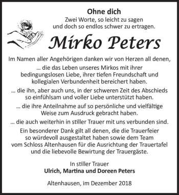 Traueranzeige von Mirko Peters  von Magdeburger Volksstimme