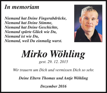 Traueranzeige von Mirko Wöhling  von Magdeburger Volksstimme