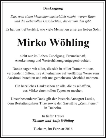 Traueranzeige von Mirko Wöhling  von Magdeburger Volksstimme