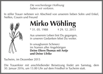 Traueranzeige von Mirko Wöhling  von Magdeburger Volksstimme