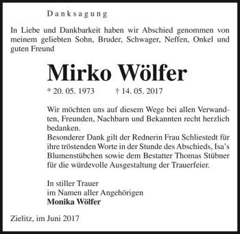 Traueranzeige von Mirko Wölfer  von Magdeburger Volksstimme