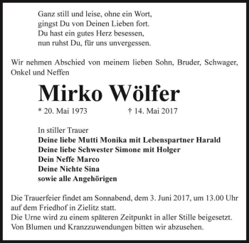Traueranzeige von Mirko Wölfer  von Magdeburger Volksstimme