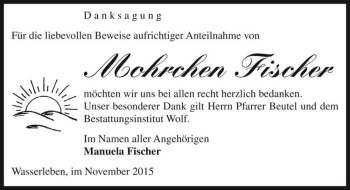 Traueranzeige von Mohrchen Fischer  von Magdeburger Volksstimme