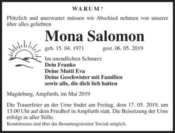 Traueranzeige von Mona Salomon  von Magdeburger Volksstimme