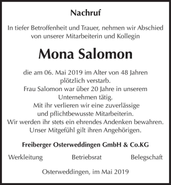 Traueranzeige von Mona Salomon  von Magdeburger Volksstimme