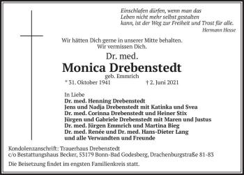 Traueranzeige von Monica Drebenstedt (geb. Emmrich)  von Magdeburger Volksstimme