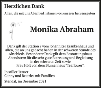 Traueranzeige von Monika Abraham  von Magdeburger Volksstimme