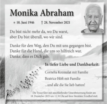 Traueranzeige von Monika Abraham  von Magdeburger Volksstimme