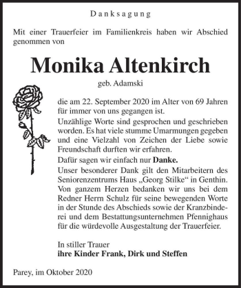 Traueranzeige von Monika Altenkirch (geb. Adamski)  von Magdeburger Volksstimme