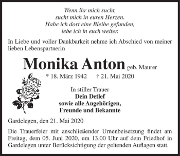 Traueranzeige von Monika Anton (geb. Maurer)  von Magdeburger Volksstimme
